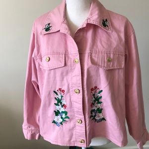 HANDMADE VINTAGE PINK DENIM JACKET FLORAL DETAILS